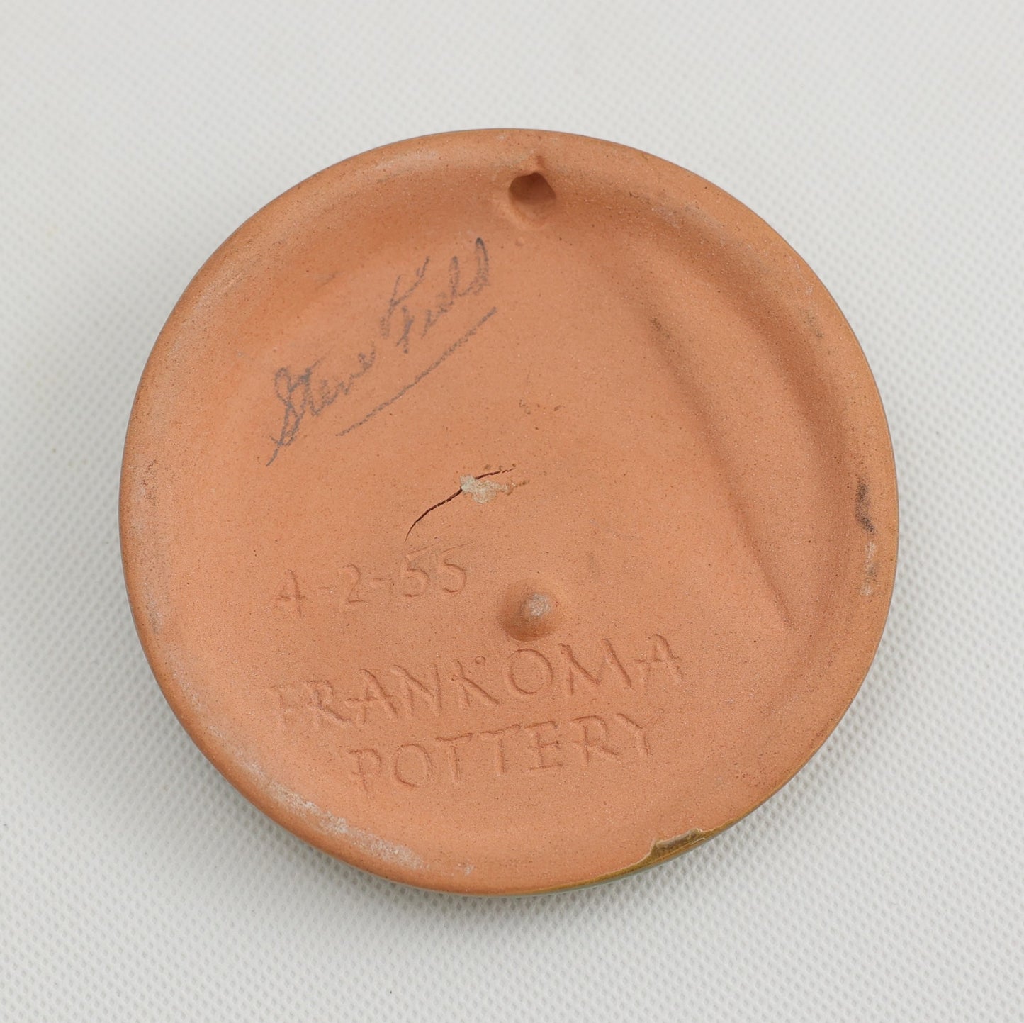 Frankoma <br> Collie Medallion <br> c. 1955, H. 4" <br> Prairie Green <br> Sapulpa Clay, Dated 4-2-55 <br> <br> Free Shipping