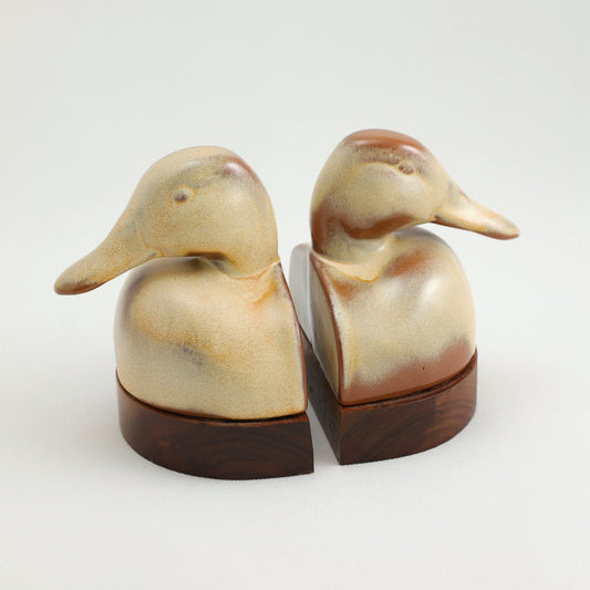 Frankoma <br> Mallard Bookends <br> c. 1955-1960, H. 5 1/2" <br> Desert Gold <br> Ada Clay, Unmarked <br> <br> Free Shipping
