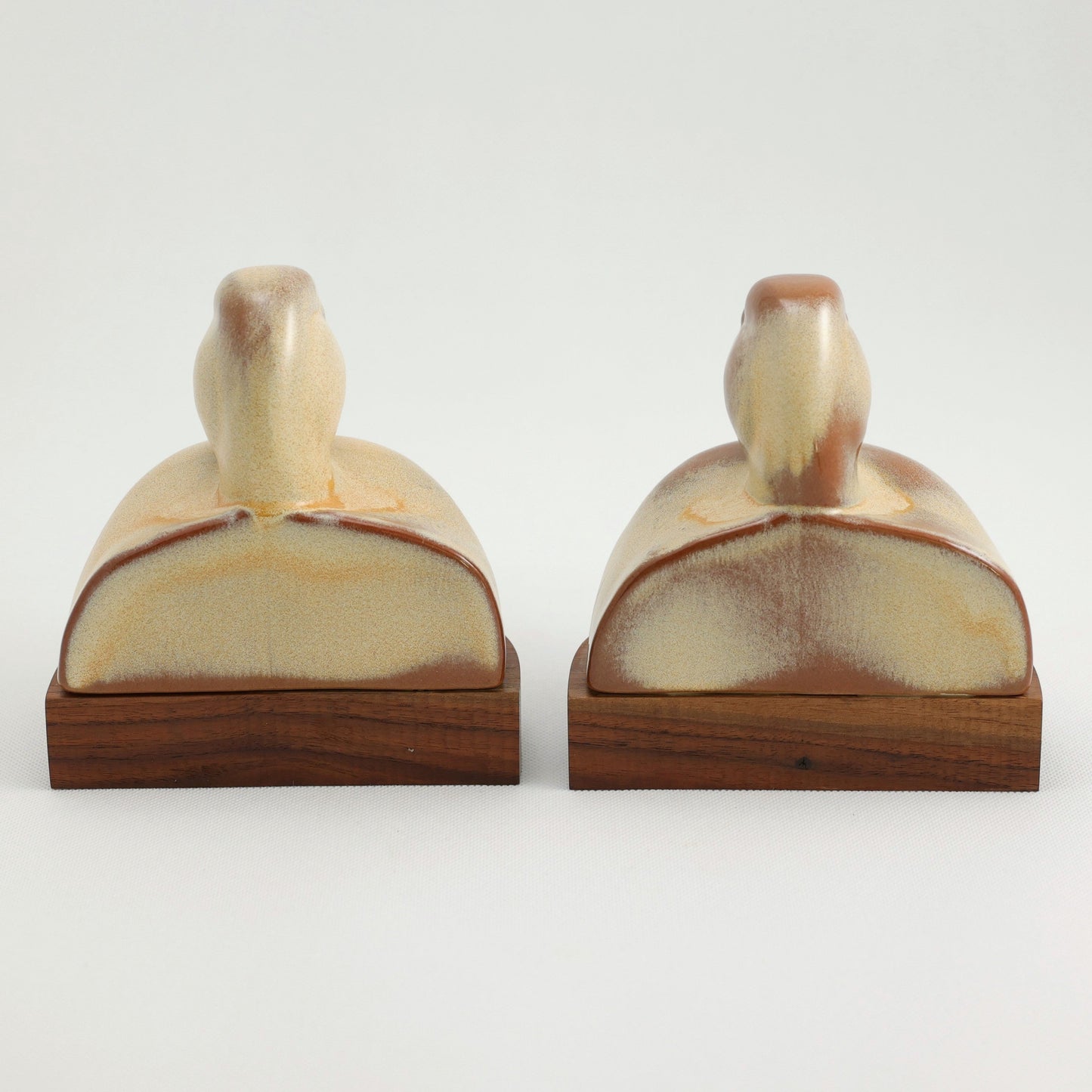 Frankoma <br> Mallard Bookends <br> c. 1955-1960, H. 5 1/2" <br> Desert Gold <br> Ada Clay, Unmarked <br> <br> Free Shipping