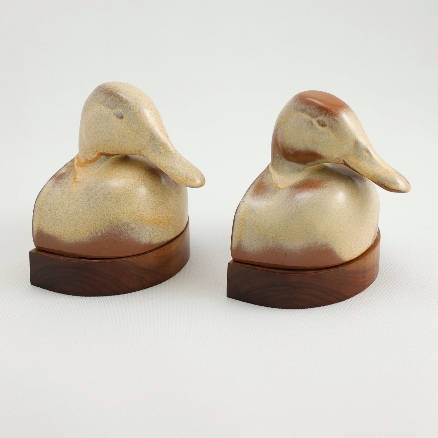 Frankoma <br> Mallard Bookends <br> c. 1955-1960, H. 5 1/2" <br> Desert Gold <br> Ada Clay, Unmarked <br> <br> Free Shipping