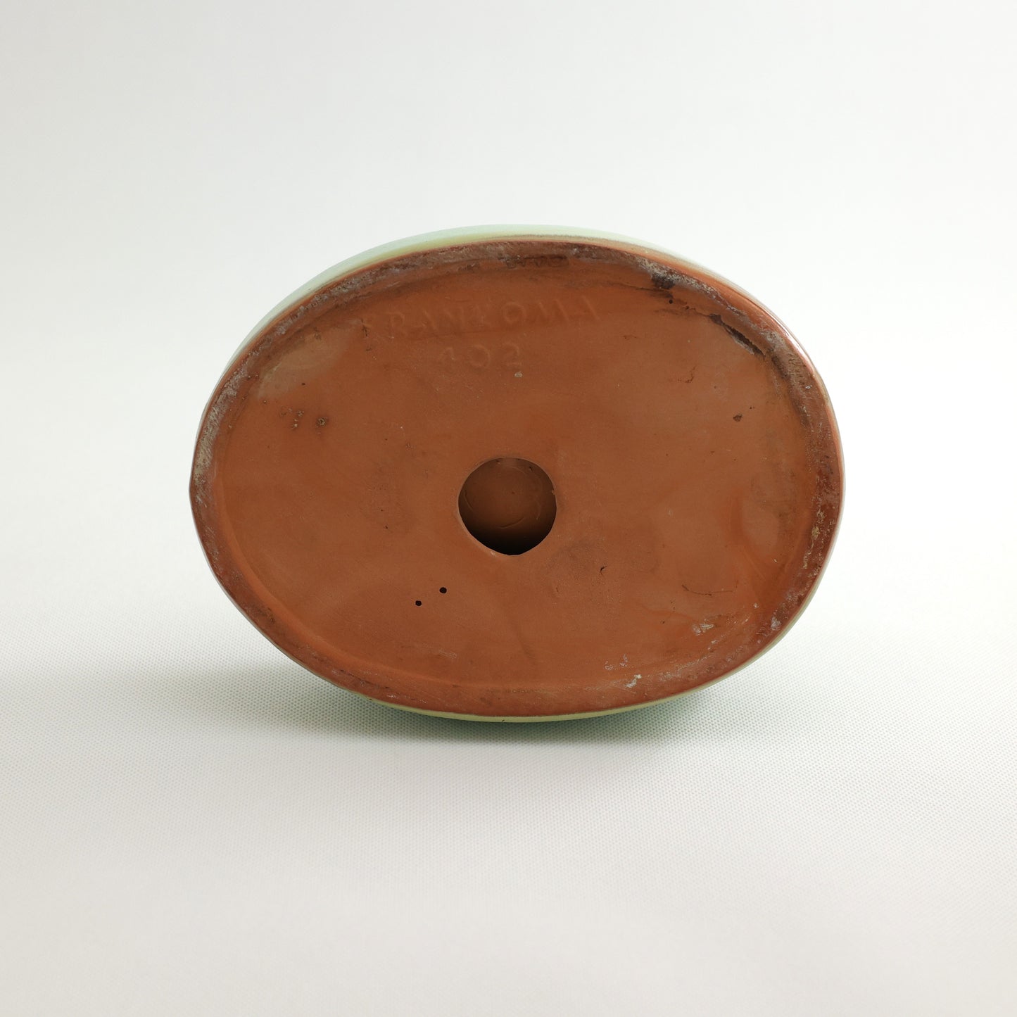 Frankoma <br> #402 Cocker Ashtray <br> c. 1980-1981, H. 2 5/8" <br> Prairie Green <br> Sapulpa Clay <br> <br> Free Shipping