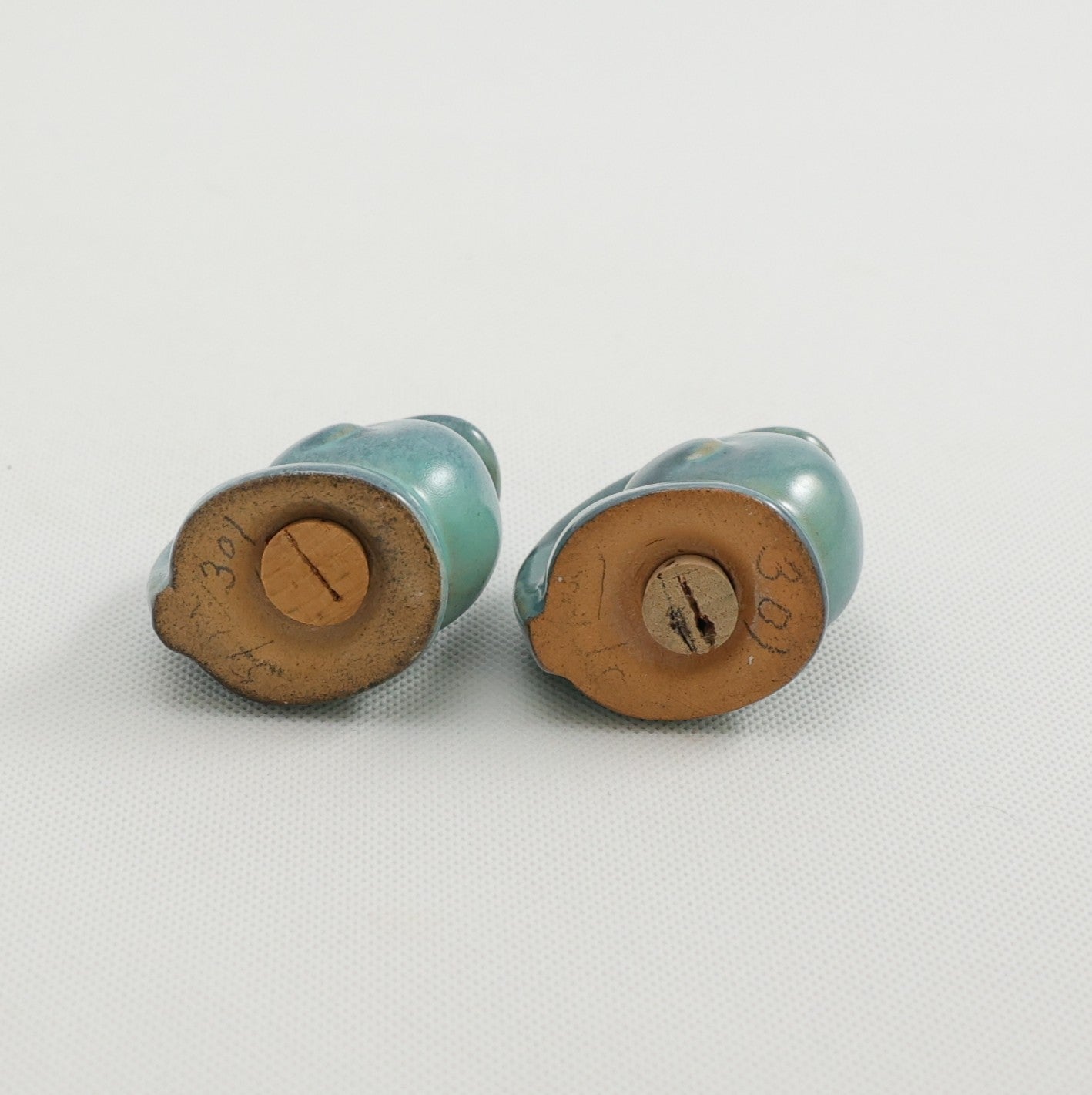 Frankoma <br> #558H Snail Shakers <br> c. 1942, H. 1 3/4" <br> Indian Blue <br> Ada Clay, Unmarked <br> <br> Free Shipping