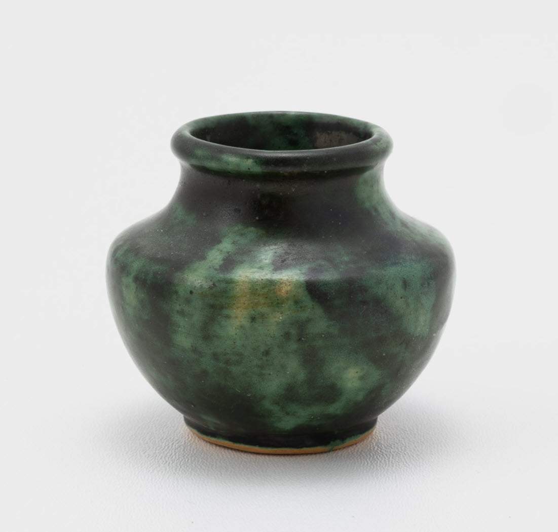 Frank Potteries <br> #501 Vase <br> c. 1933-1934, H. 2 3/4" <br> Pompeian Bronze <br> Ada Clay, Ink Stamp