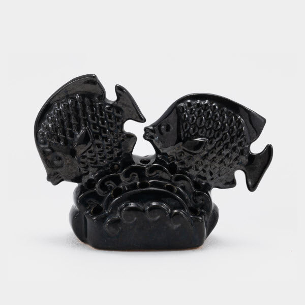 Frankoma <br> #404 Fish Flower Frog <br> c. 1936-1938, H. 4 1/2" <br> Onyx Black <br> Ada Clay, Round O