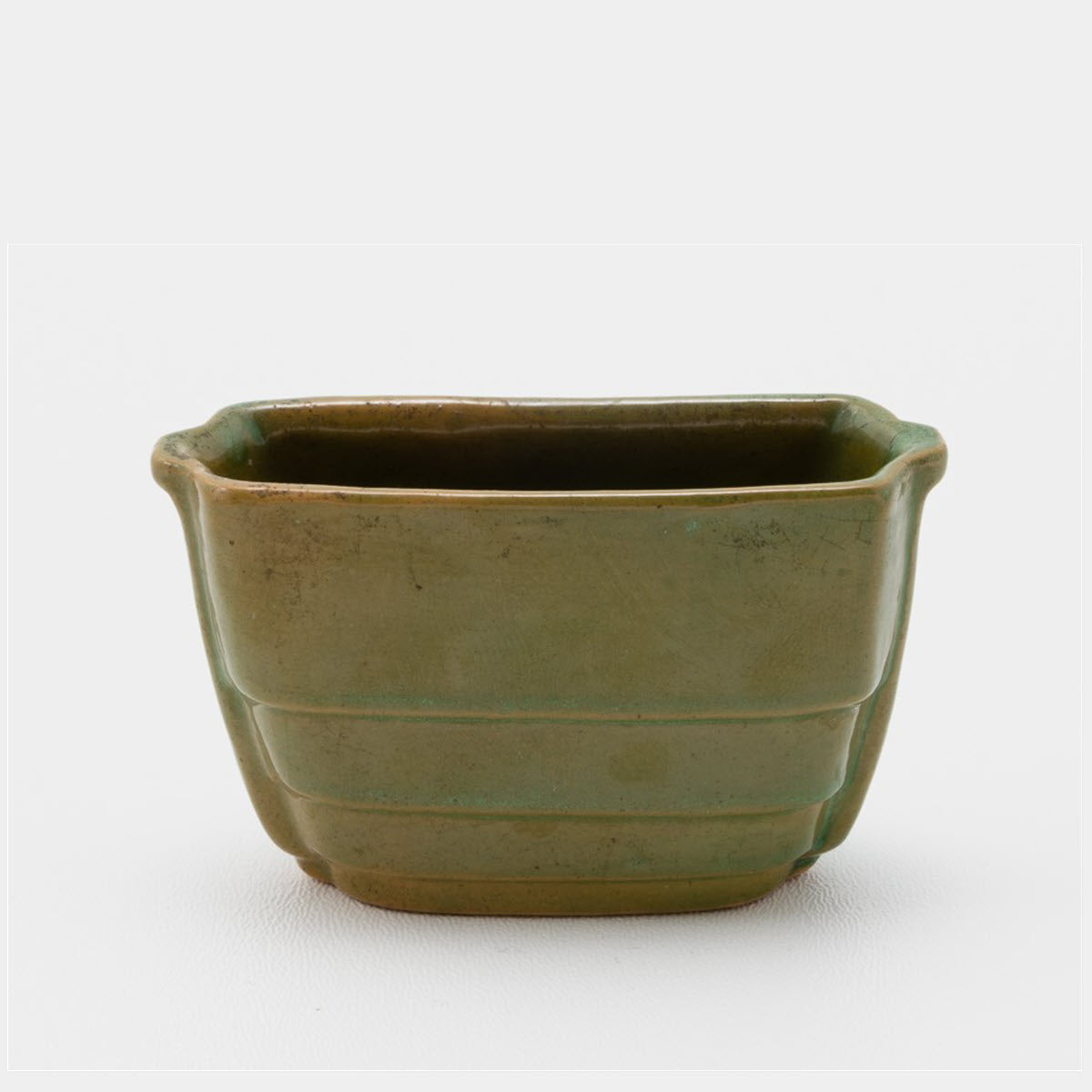 Frankoma <br> #16 Toothpick Holder <br> c. 1936-1938, H. 2" <br> Prairie Green <br> Ada Clay, Cat Mark