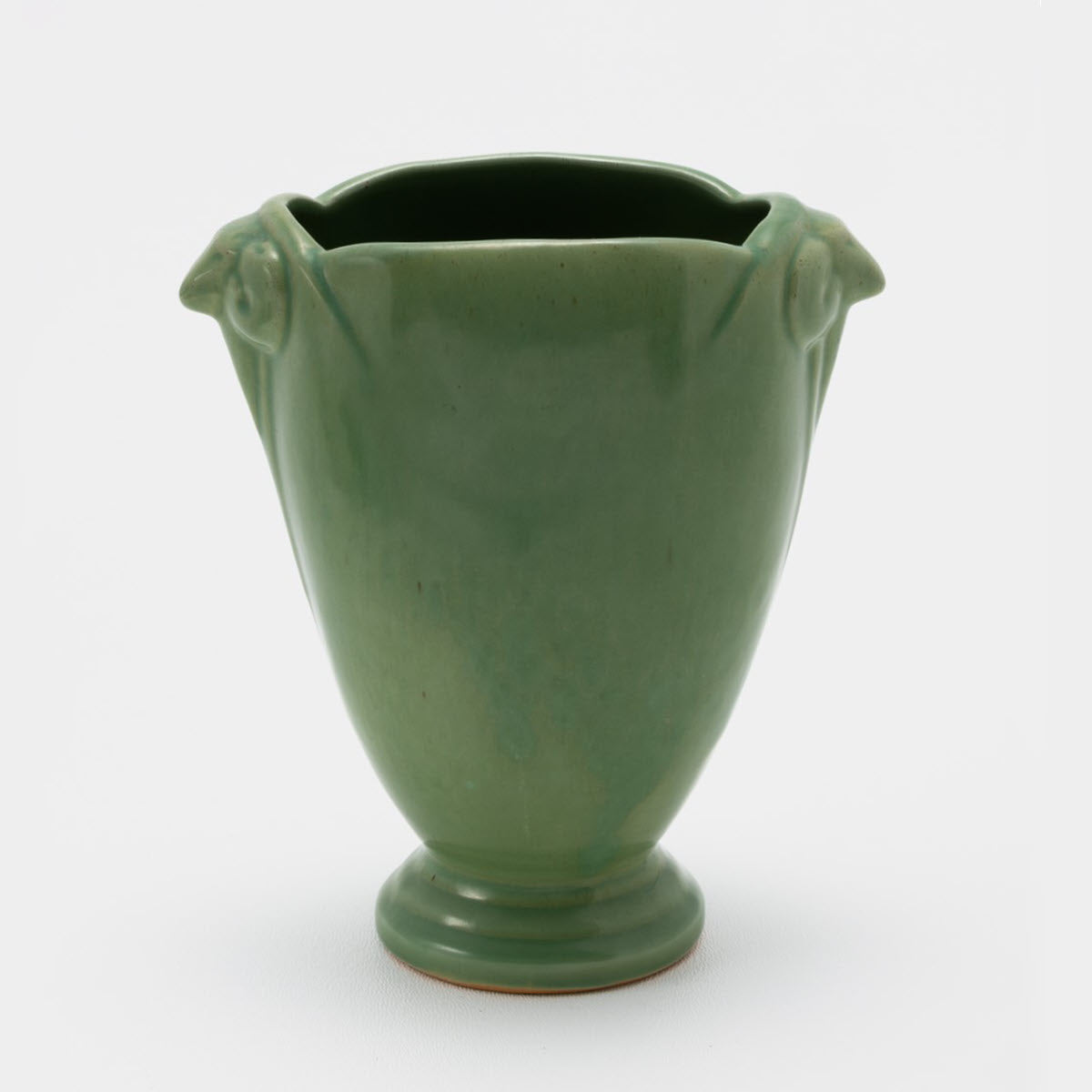 Frankoma <br> #38 Small Ram's Head Vase <br> c. 1936-1938, H. 6" <br> Jade Green <br> Ada Clay, Cat Mark