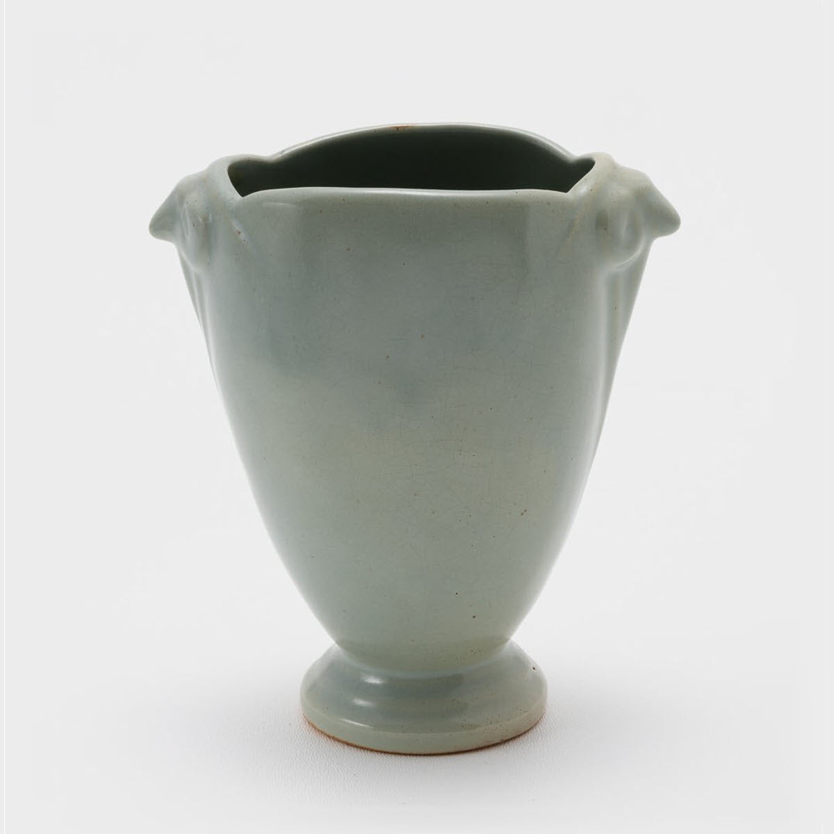 Frankoma <br> #38 Small Ram's Head Vase <br> c. 1936-1938, H. 6" <br> Dove Gray <br> Ada Clay, Cat Mark