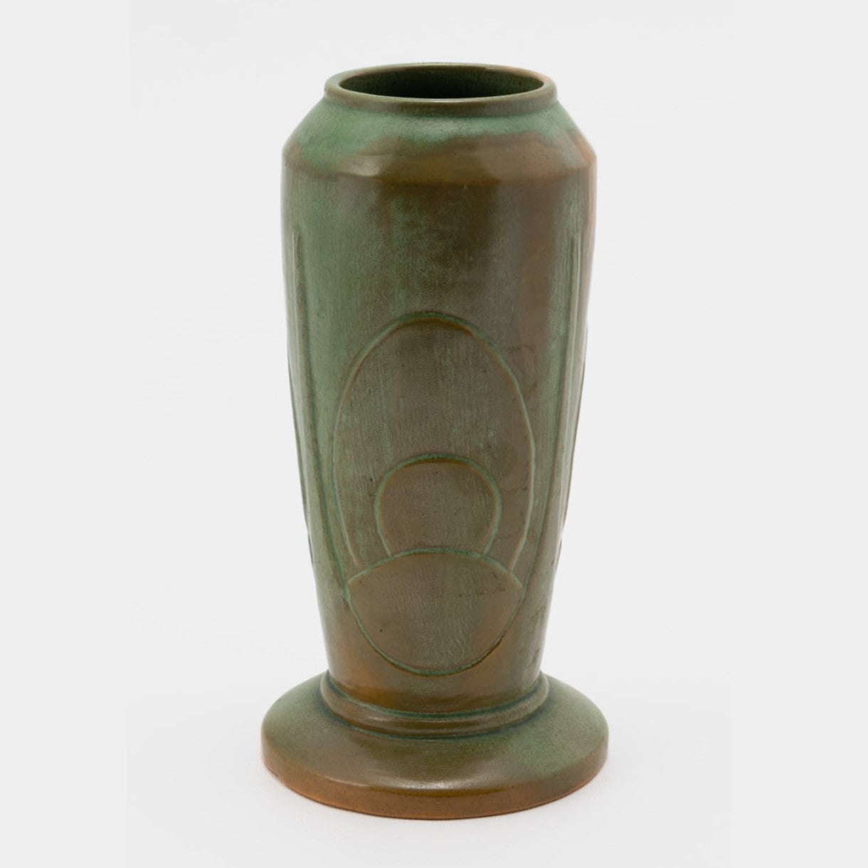 Frank Potteries <br> Carved Tall Vase <br> c. 1936-1938, H. 9" <br> Prairie Green <br> Ada Clay, Ink Stamp