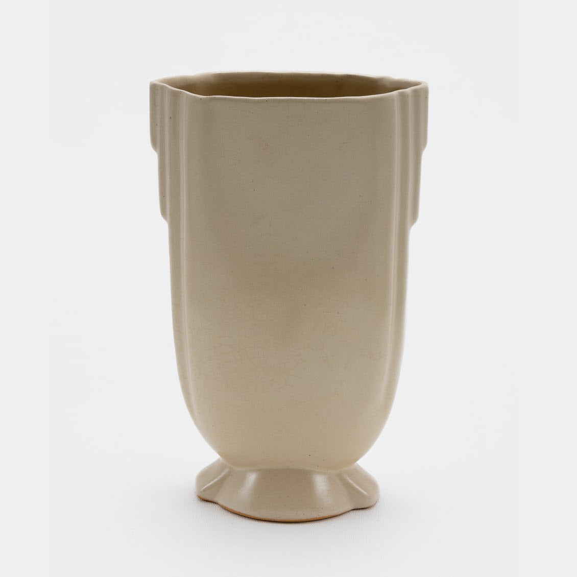 Frankoma <br> #41 Step Handled Vase <br> c. 1936-1938, H. 7" <br> Ivory Glaze <br> Ada Clay, Round O