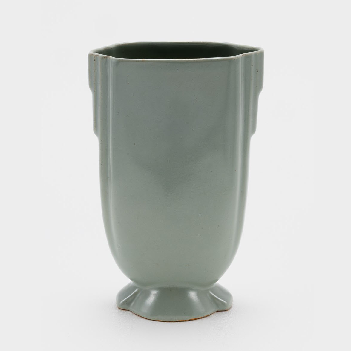 Frankoma <br> #41 Step Handled Vase <br> c. 1936-1938, H. 7" <br> Dove Gray <br> Ada Clay, Round O