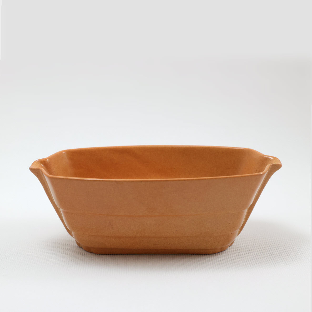 Frankoma <br> #203  Oblong Flower Bowl <br> c. 1936-1938, L. 8 3/4" <br> Fawn Brown <br> Ada Clay, Cat Mark