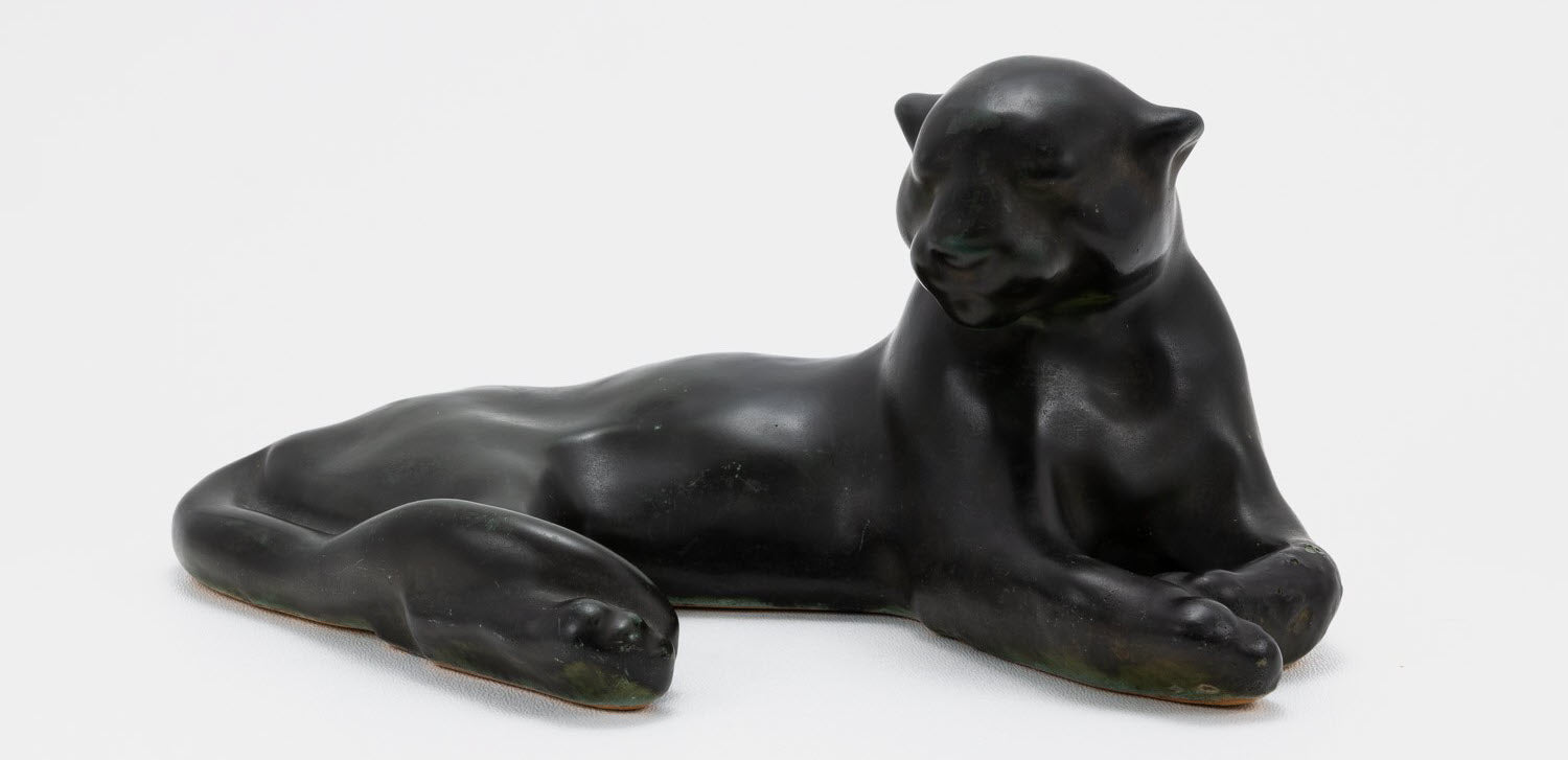 Frankoma <br> #116 Reclining Puma <br> c. 1936-1938, L. 9 1/2" <br> Pompeian Bronze <br> Ada Clay, Cat Mark