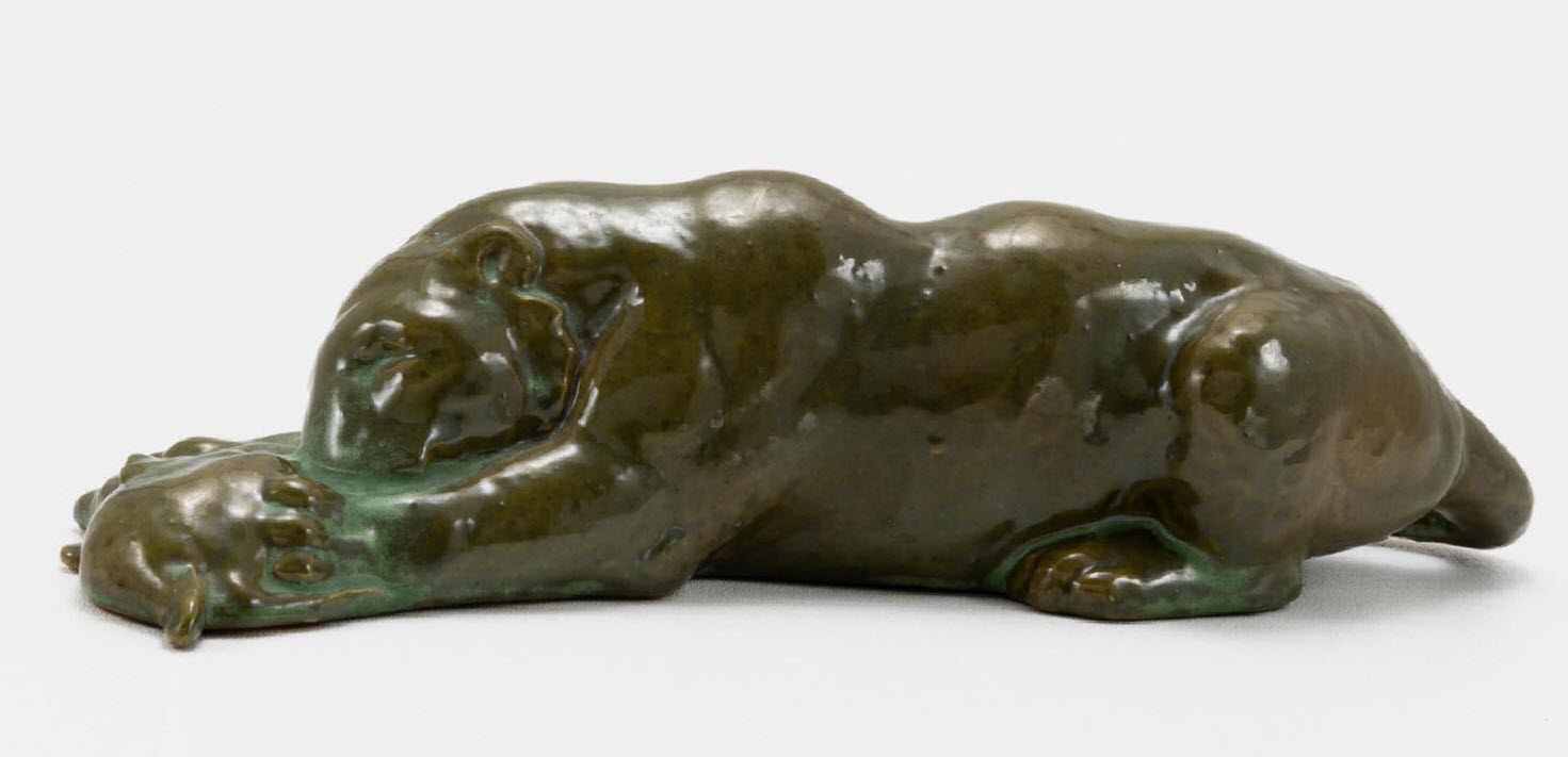 Frankoma <br> #102 Puma with Prey <br> c. 1934-1936, L. 11 1/2" <br> Verde Bronze <br> Ada Clay, Unmarked