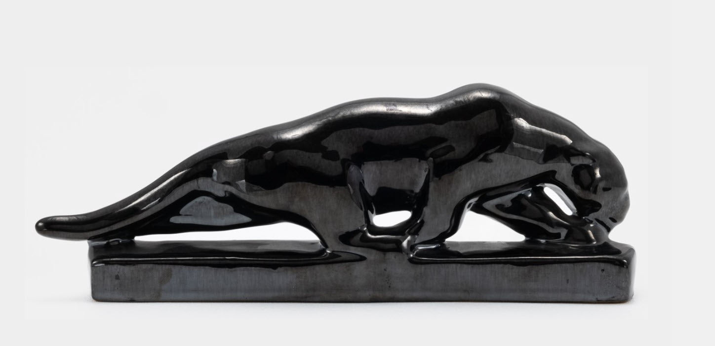 Frankoma <br> #103 Charging Tiger <br> c. 1936-1938, L. 12 1/2" <br> Onyx Black <br> Ada Clay, Round O