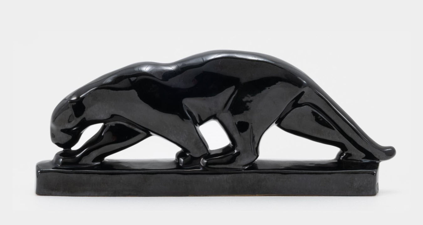 Frankoma <br> #104 Walking Ocelot <br> c. 1936-1938, L. 10 1/2" <br> Onyx Black <br> Ada Clay, Unmarked