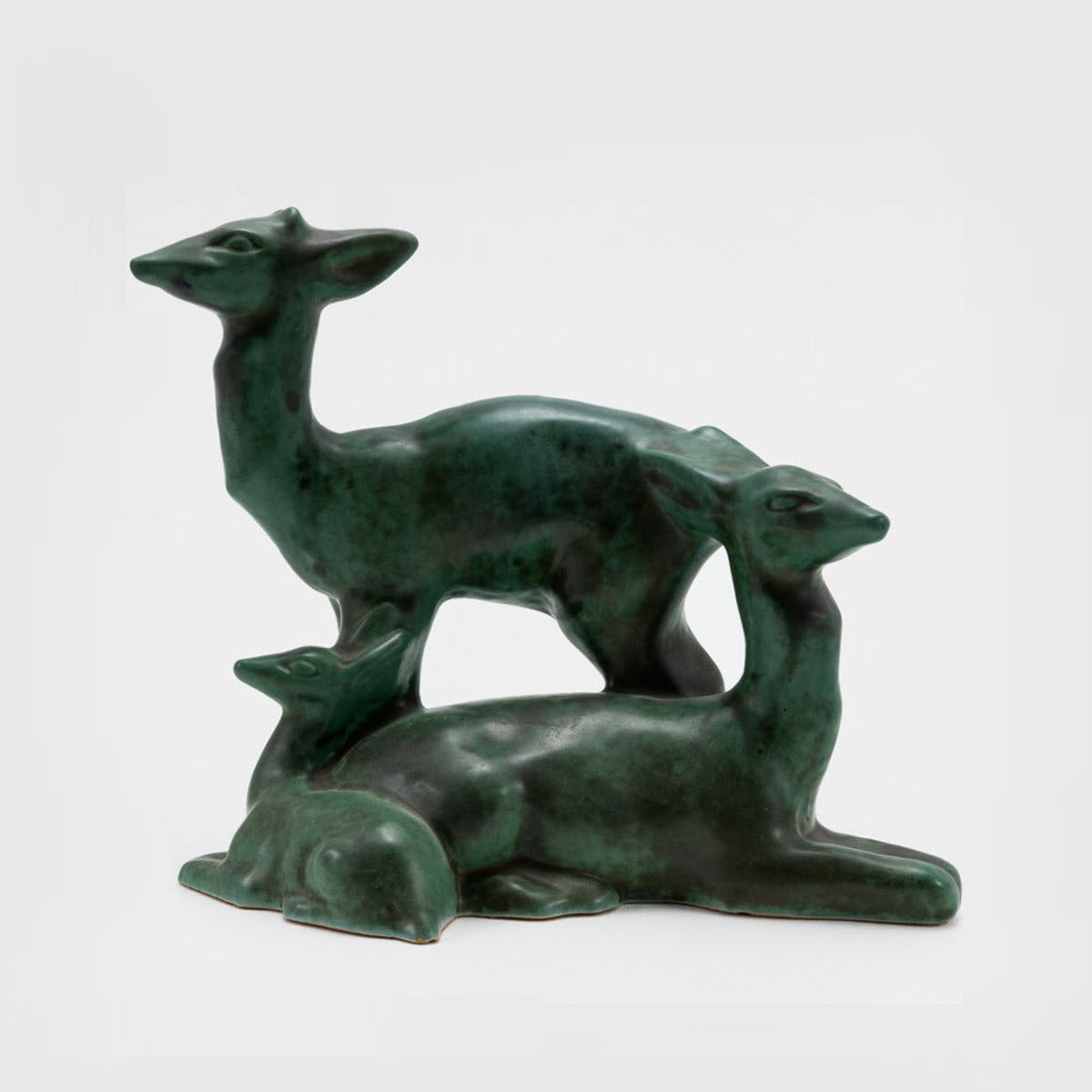 Frankoma <br> #109 Deer Group <br> c. 1936-1938, H. 8" <br> Pompeian Bronze <br> Ada Clay, Cat Mark