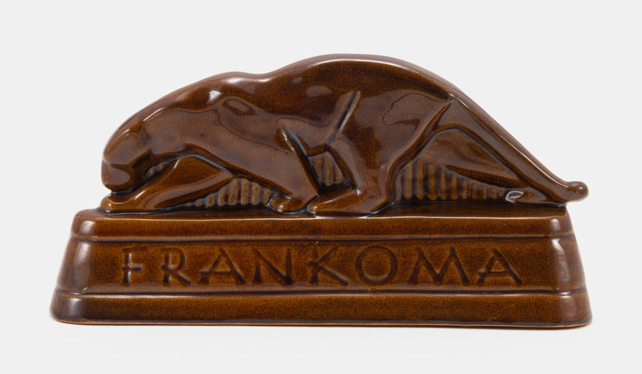 Frankoma <br> #1 Panther Dealer Sign <br> c. 1936-1938, L. 8 5/8" <br> Texas Brown <br> Ada Clay, Cat Mark