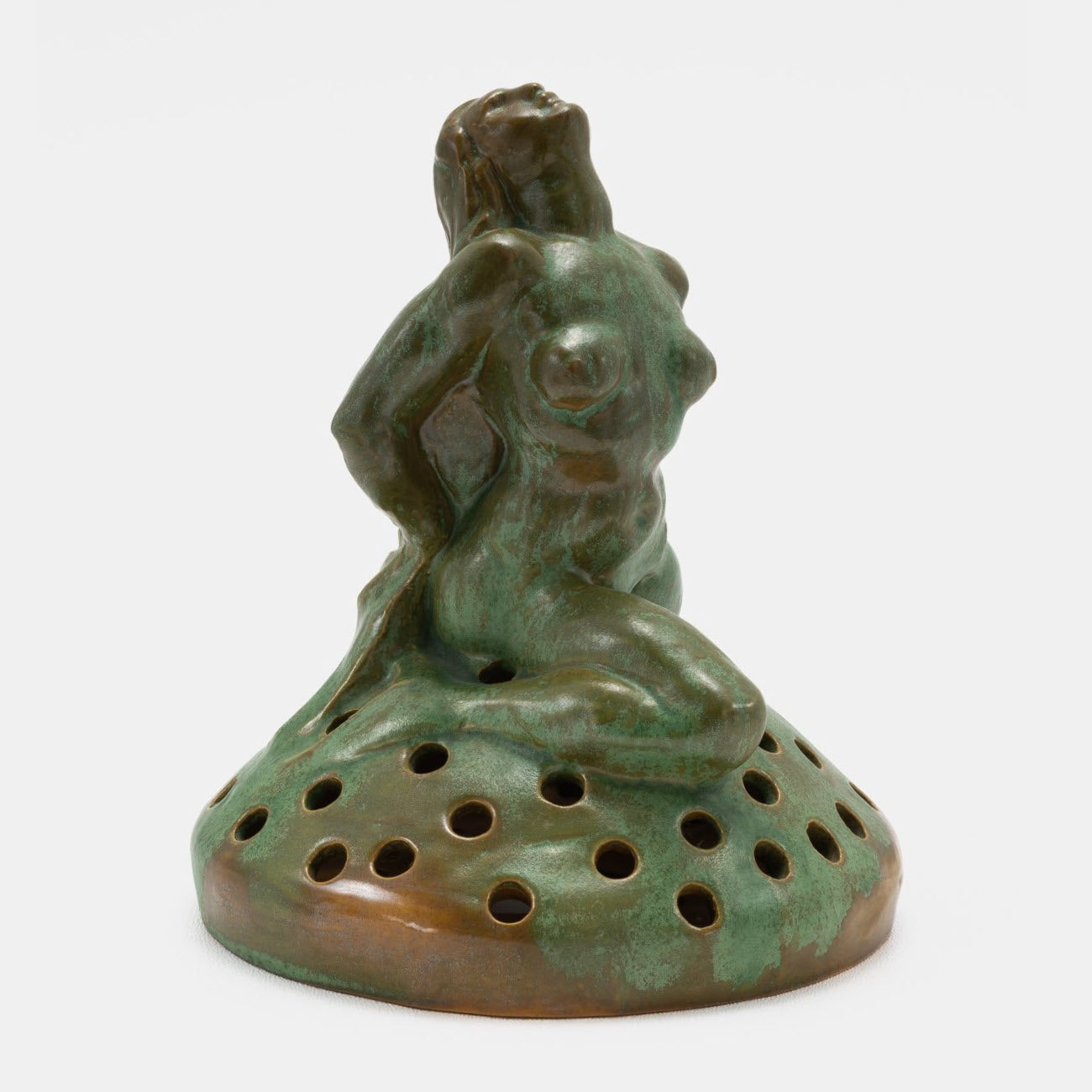 Frankoma <br> #399 Mermaid Flower Frog <br> c. 1934, H. 7" <br> Prairie Green <br> Ada Clay, Unmarked