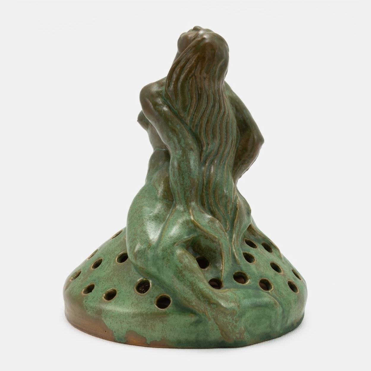 Frankoma <br> #399 Mermaid Flower Frog <br> c. 1934, H. 7" <br> Prairie Green <br> Ada Clay, Unmarked