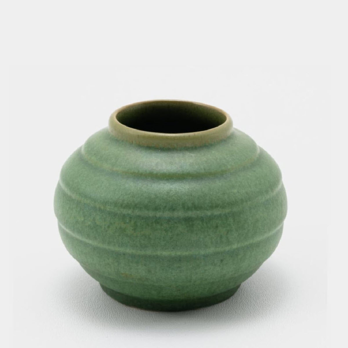 Frankoma <br> #13 Vase <br> c. 1934, H. 3" <br> Prairie Green <br> Ada Clay, Ink Stamp