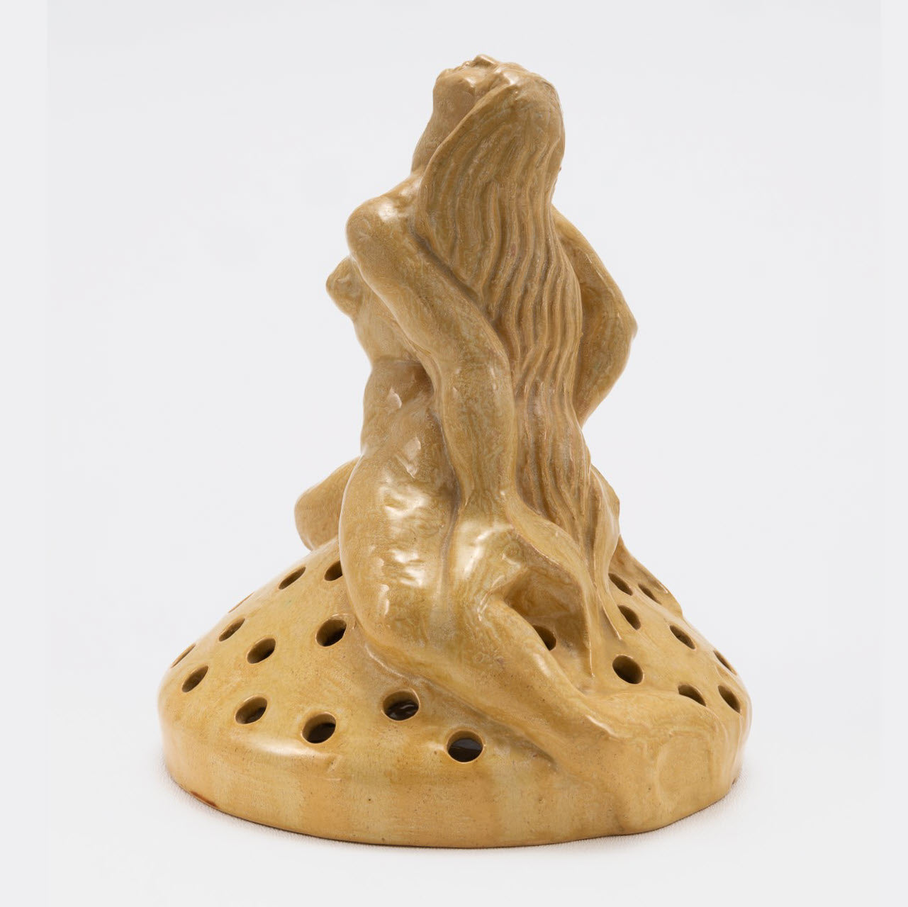 Frankoma <br> #399 Mermaid Flower Frog <br> c. 1934, H. 7" <br> Old Gold <br> Ada Clay, Unmarked