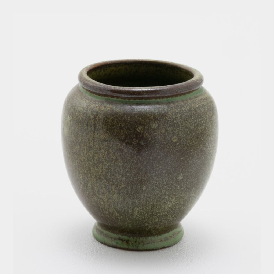 Frank Potteries <br> Small Vase <br> c. 1933-1934, H. 3 1/2" <br> Verde Bronze <br> Ada Clay, Ink Stamp