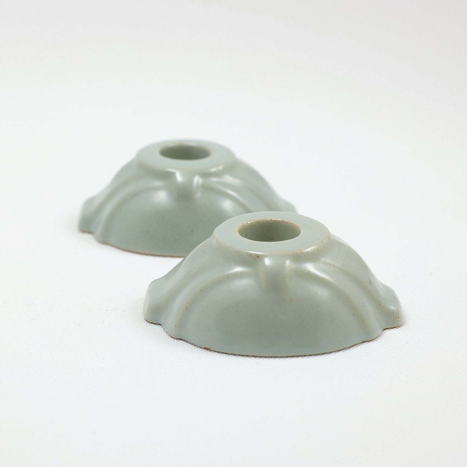 Frankoma <br> #300 Candle Holders <br> c. 1936-1938, H. 2" <br> Dove Gray <br> Ada Clay, Cat Mark