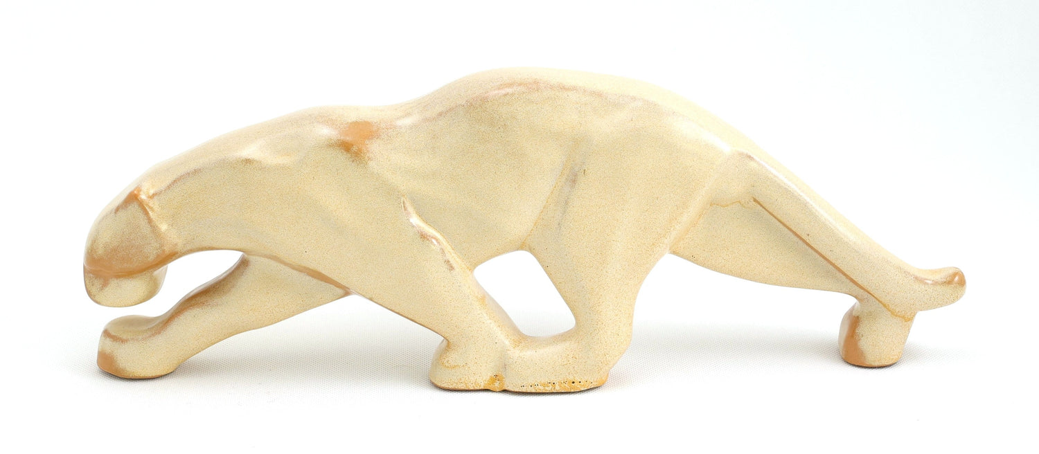 Frankoma <br> #104L Pacing Leopard <br> c. 1950-1954, L. 15" <br> Onyx Black <br> Ada Clay, Oblong 0