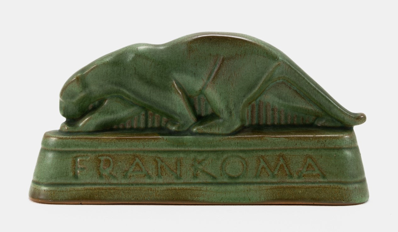 Frankoma <br> #1 Panther Dealer Sign <br> c. 1936-1938, L. 8 5/8" <br> Prairie Green <br> Ada Clay, Cat Mark