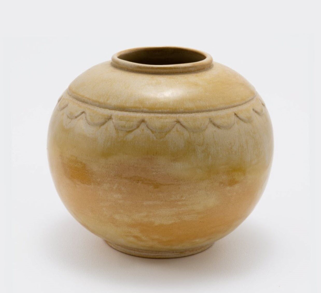 Frank Potteries <br> #72 Indian Jar <br> c. 1933-1934, H. 7 1/2" <br> Old Gold <br> Ada Clay, Ink Stamp