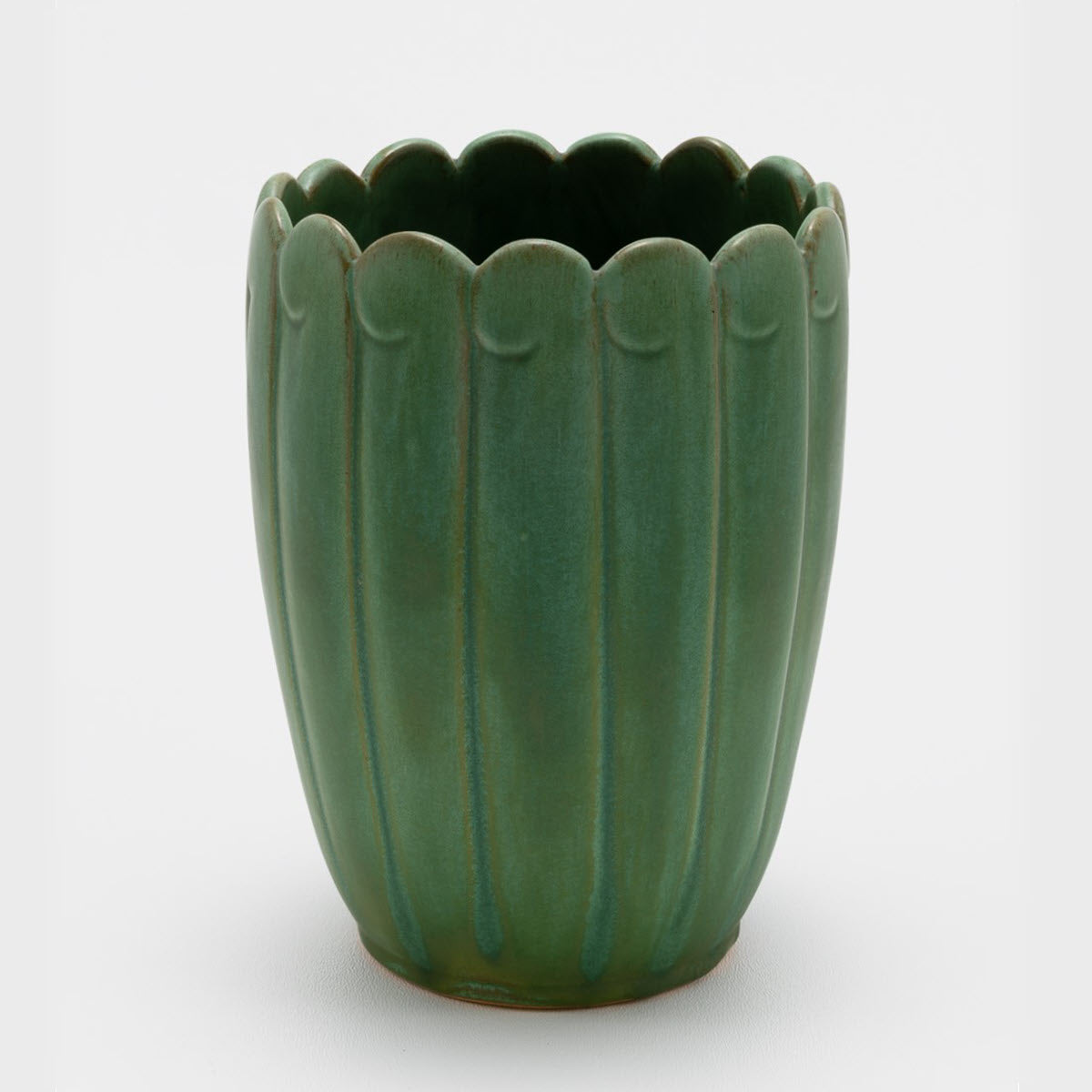 Frankoma <br> #79 Scallop Top Vase <br> c. 1934, H. 7 1/8" <br> Prairie Green <br> Ada Clay, Ink Stamp