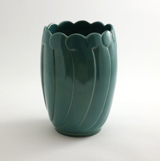 Frankoma <br> #79 Scallop Vase <br> c. 1940-1949, H. 8" <br> Turquoise <br> Ada Clay, Oblong 0  <br> <br> Free Shipping