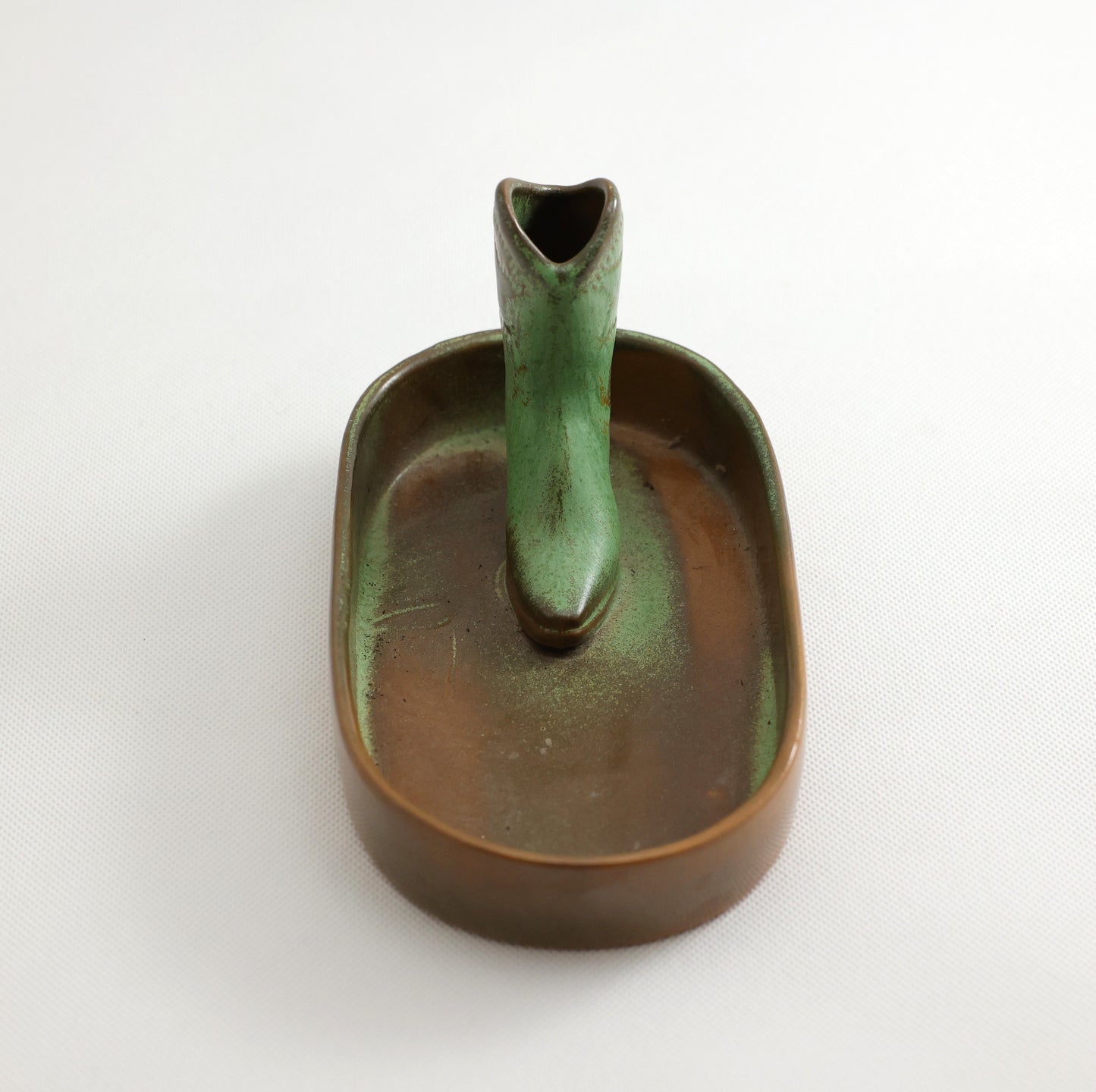 Frankoma <br> Bowl w/ Boot <br> c. 1942, H. 4" <br> Prairie Green <br> Ada Clay, Unmarked <br> <br> Free Shipping