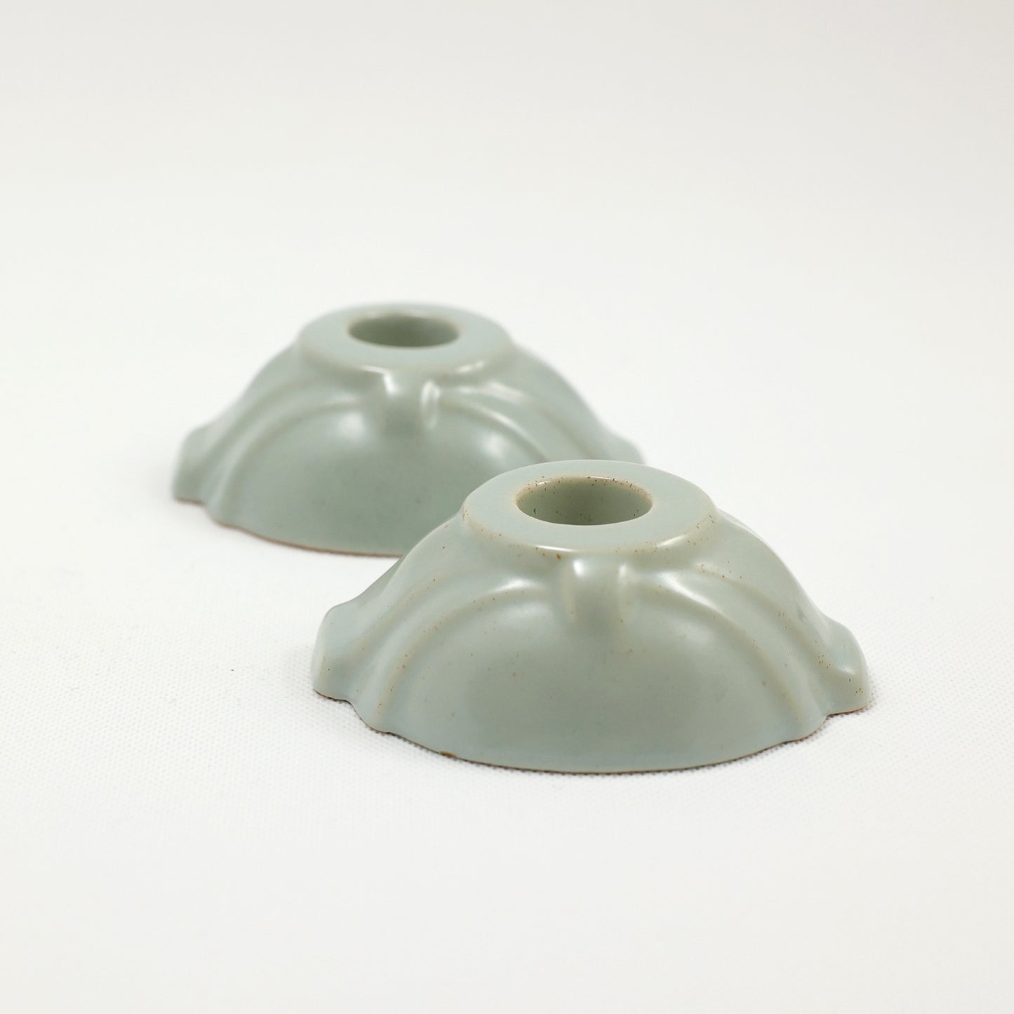 Frankoma <br> #300 Candle Holders <br> c. 1936-1938, H. 2" <br> Dove Gray <br> Ada Clay, Cat Mark <br> <br> Free Shipping