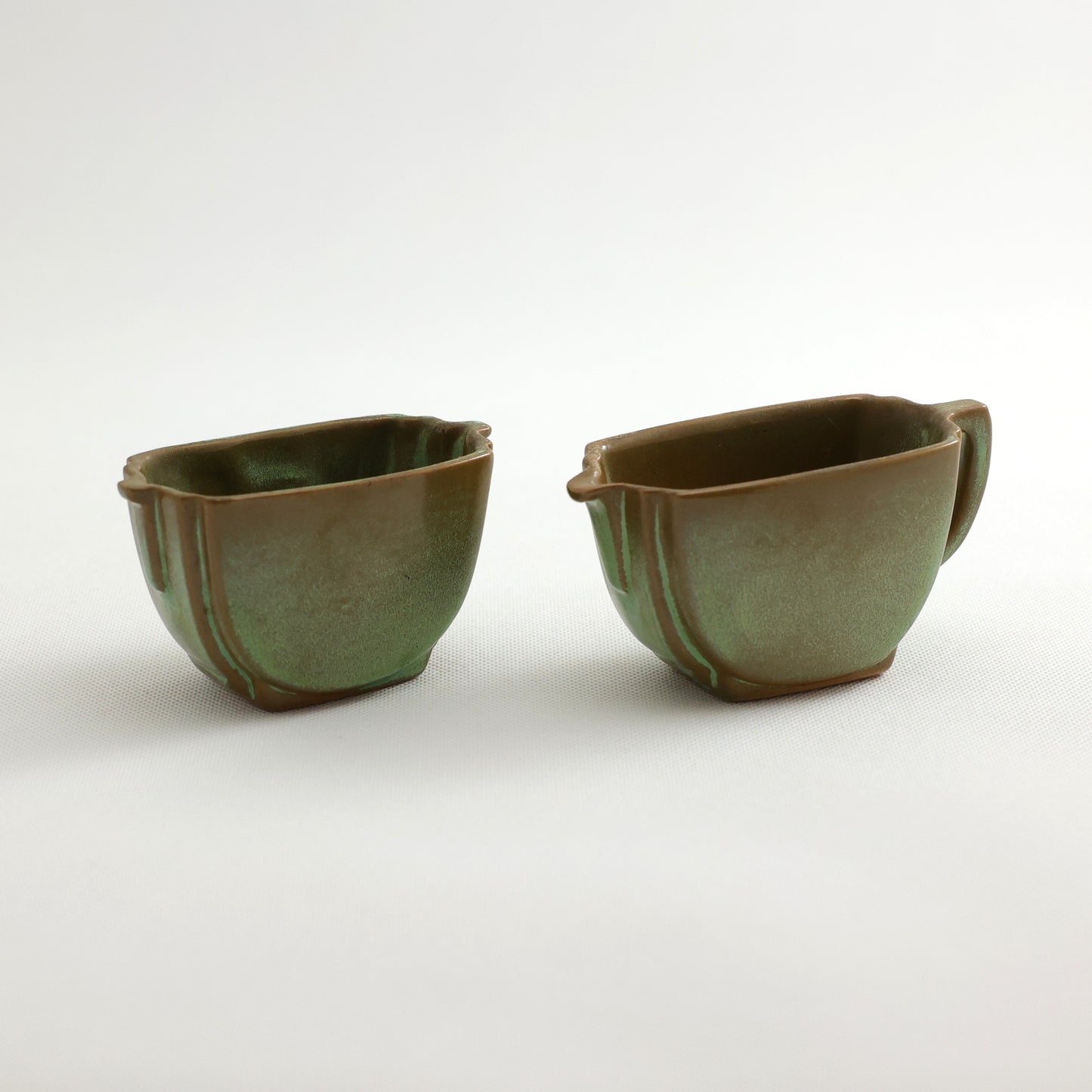 Frankoma <br> #42 Creamer | Sugar <br> c. 1942, H. 3" <br> Prairie Green <br> Ada Clay, Oblong 0 <br> <br> Free Shipping