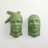 Frankoma <br> Set of Indian Masks <br> c. 1936-1938 <br> Prairie Green <br> Ada Clay, Cat Mark <br> <br> Free Shipping