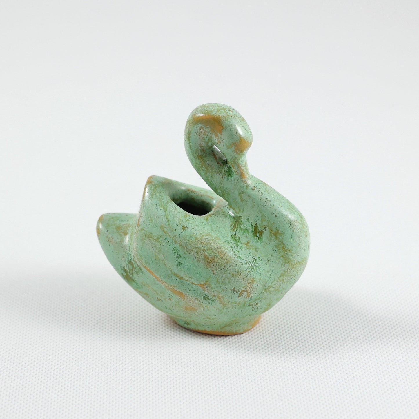 Frankoma <br> #168 Swan Vase <br> c. 1942, H. 3" <br> Prairie Green <br> Ada Clay, Unmarked <br> <br> Free Shipping