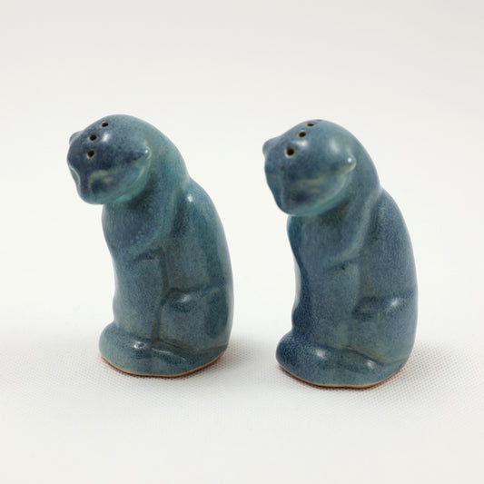 Frankoma <br> #165H Cat Shakers <br> c. 1942, H. 3" <br> Indian Blue <br> Ada Clay, Unmarked <br> <br> Free Shipping