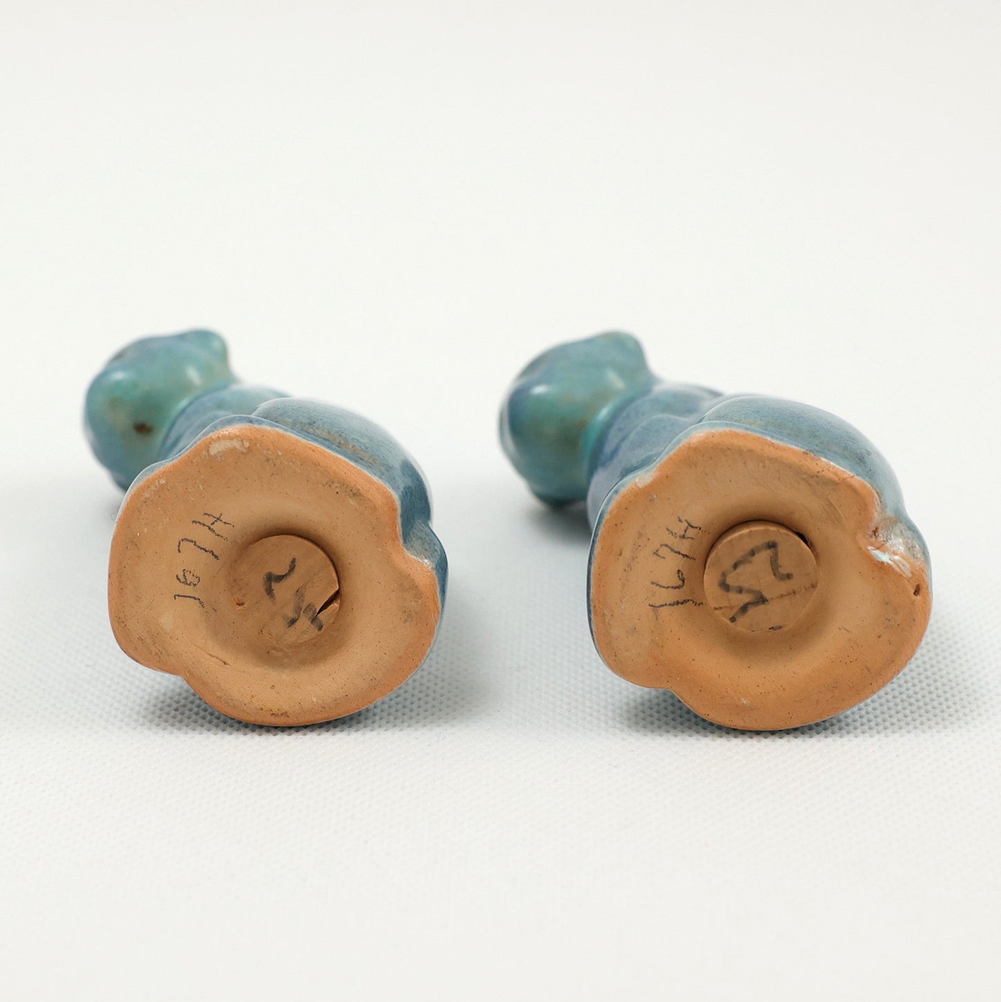 Frankoma <br> #165H Cat Shakers <br> c. 1942, H. 3" <br> Indian Blue <br> Ada Clay, Unmarked <br> <br> Free Shipping