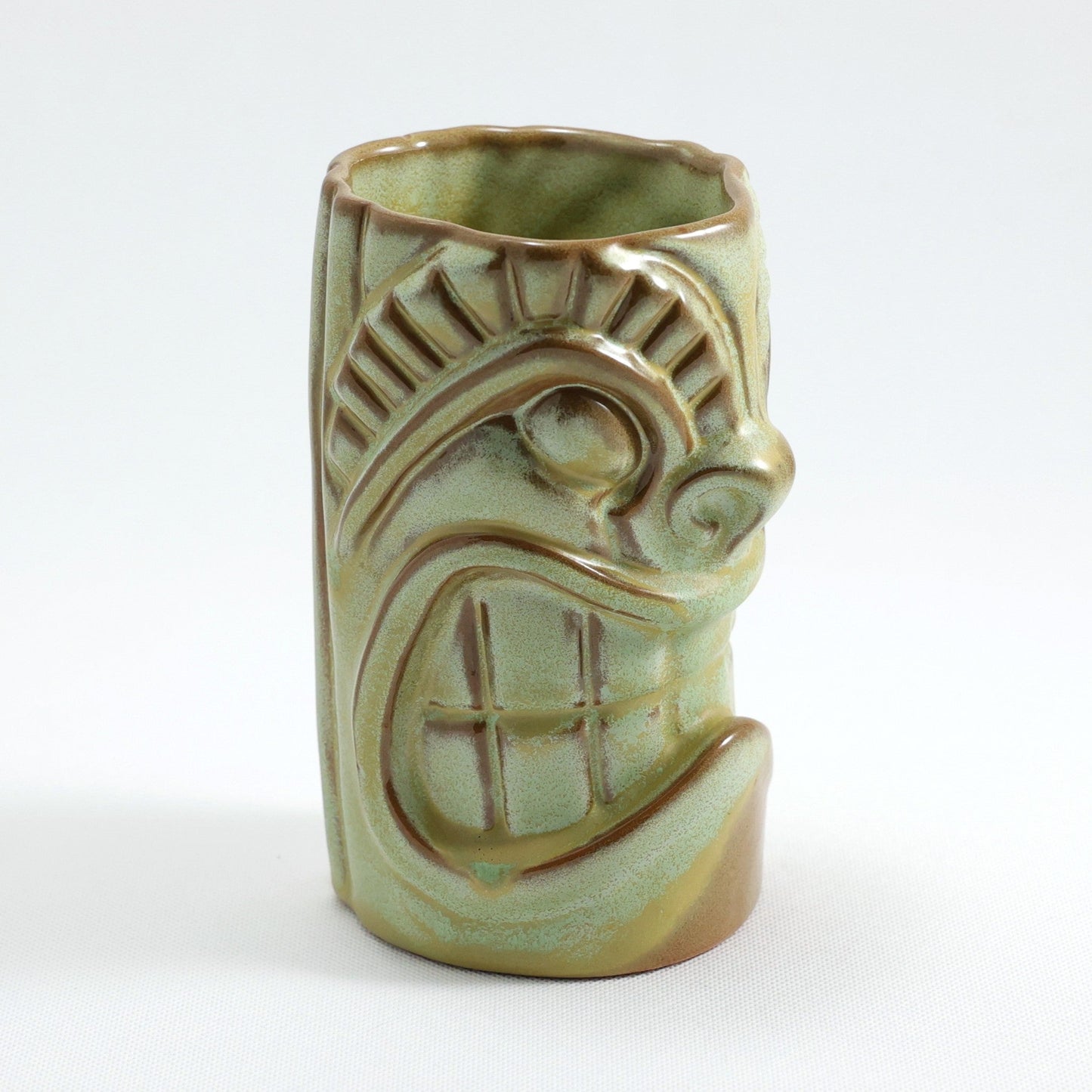 Frankoma <br> #T3S War God Mug  <br> c. 1967-1971, H. 6" <br> Prairie Green <br> Cultured Pearl <br> <br> Free Shipping