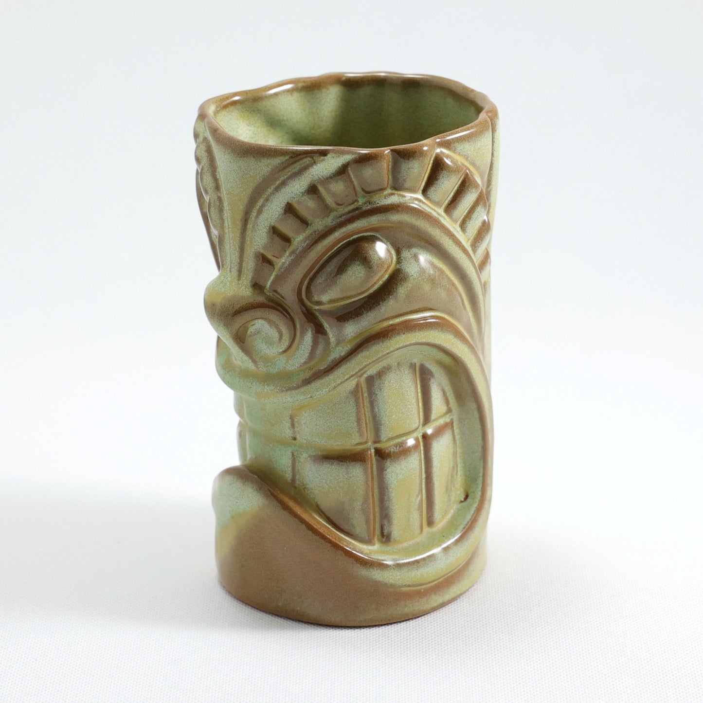 Frankoma <br> #T3S War God Mug  <br> c. 1967-1971, H. 6" <br> Prairie Green <br> Cultured Pearl <br> <br> Free Shipping